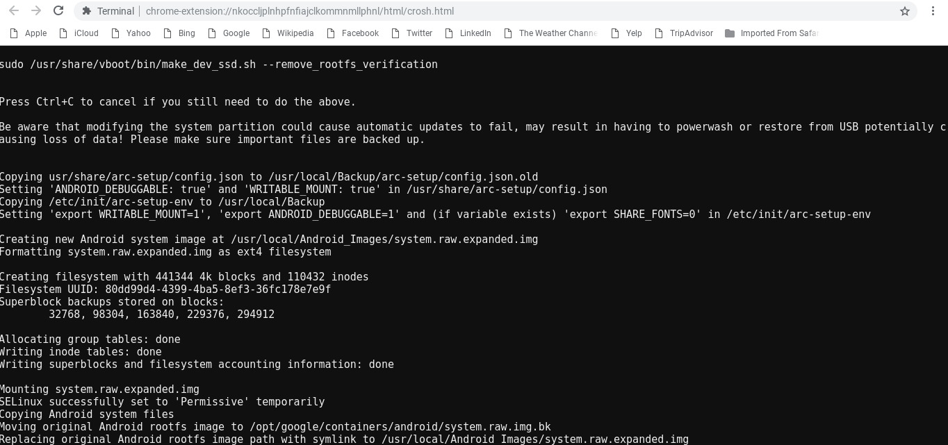 Terminal output showing the Android subsystem rooting script completed successfully