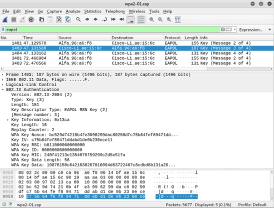 Wireshark showing an incomplete 4-way handshake capture with Message 1 missing