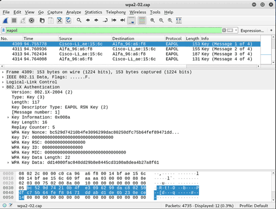 Wireshark showing a complete 4-way handshake capture with all 4 messages present
