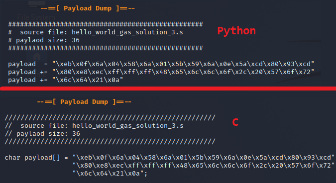 C and Python style format output of the payload dump from the script.