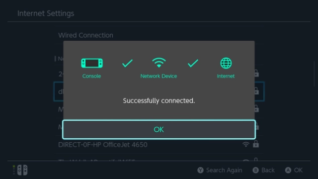 Nintendo Switch WiFi settings showing successful connection to WAP2