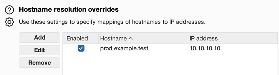 Burp Suite DNS override settings showing hostname mapped to staging IP address