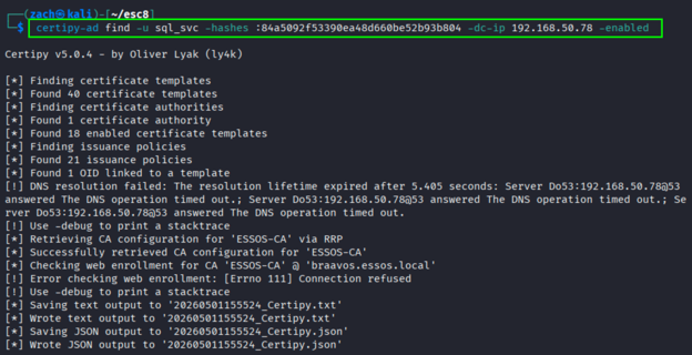 Certipy enumeration output showing AD CS configuration, enabled templates, and ESC8 identified as a viable path