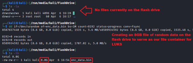 Terminal showing an empty flash drive, then dd creating the 8 GB enc_data.bin file from /dev/urandom with progress output, and ls confirming the 8.0G file size