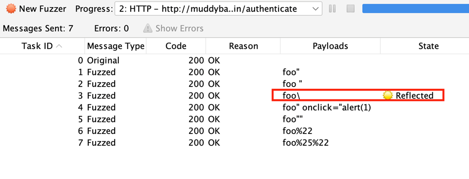 Fuzzing results showing one payload with trailing backslash marked as reflected