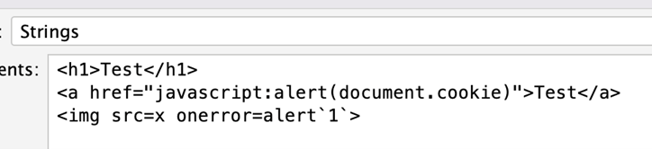 ZAP payload dialog with HTML element and script payloads
