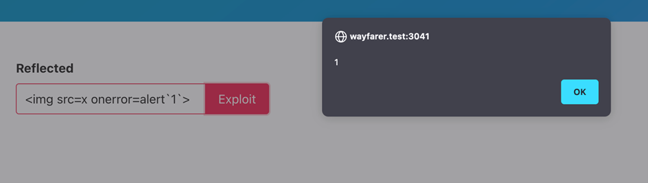 Browser showing XSS alert popup triggered by img onerror payload