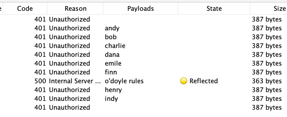 Fuzzing results with one entry returning a 500 server error