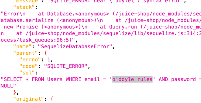 SQL error in response showing how the apostrophe broke the query