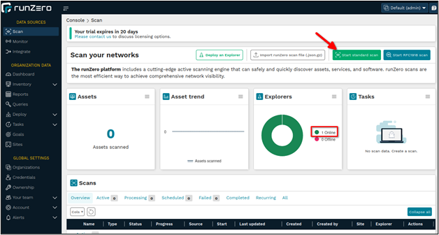 runZero scan page showing explorer online