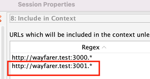 Session Properties showing include regex for wayfarer.test:3001