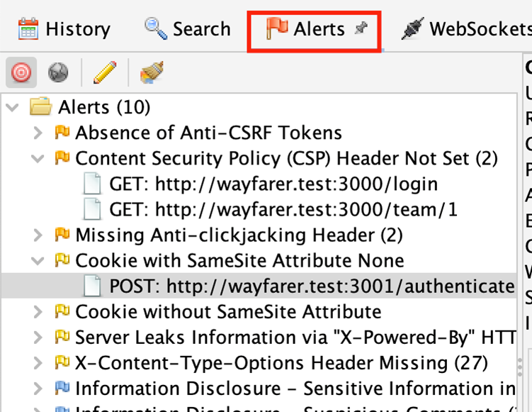 ZAP bottom pane with Alerts tab highlighted