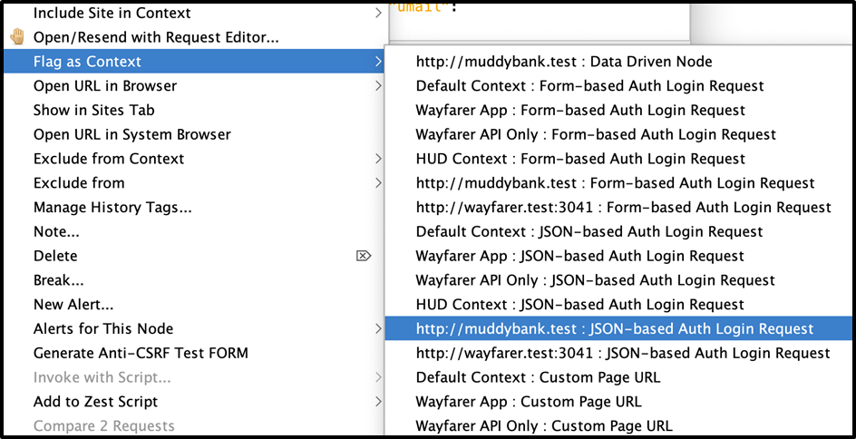 ZAP Flag as Context menu with JSON-based Auth highlighted