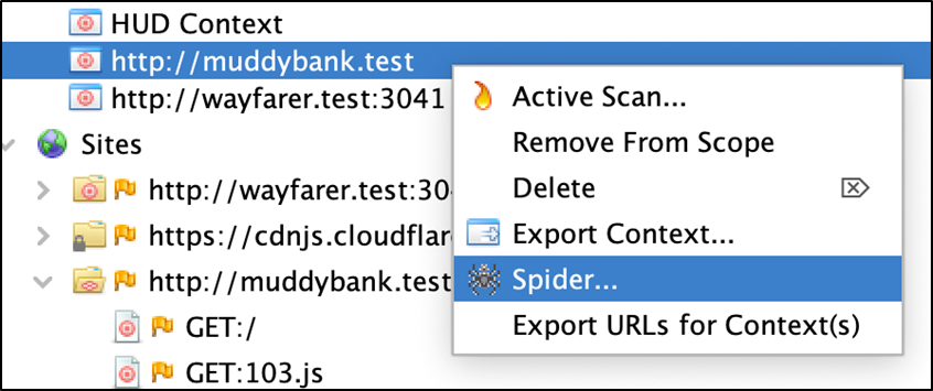 ZAP context menu with Spider option highlighted