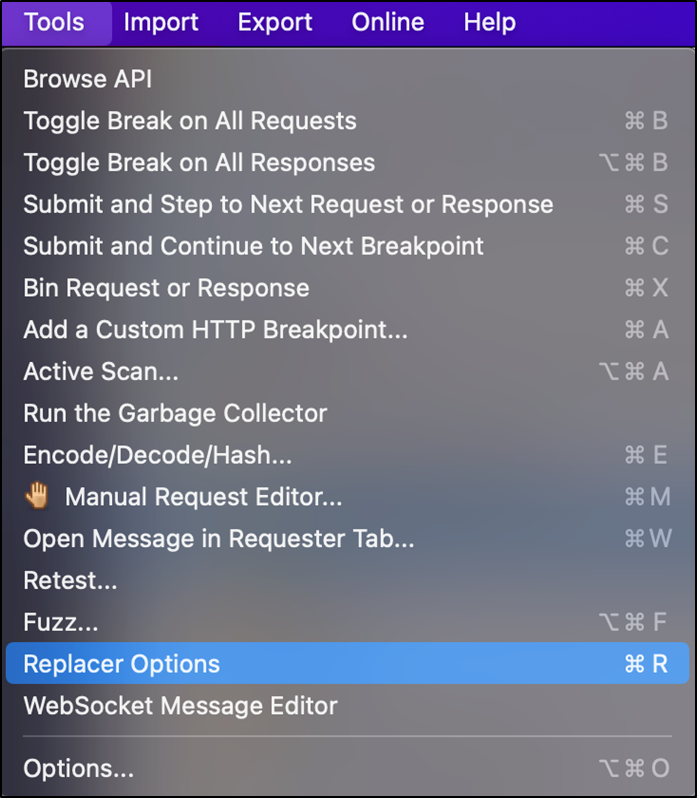 ZAP Tools menu with Replacer Options highlighted