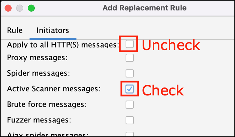 Replacer Initiators tab with Active Scanner messages checked