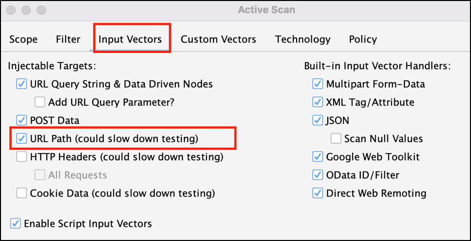 Active Scan dialog with URL Path input vector checked