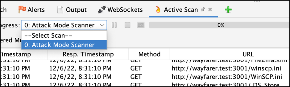 Active Scan pane showing Attack Mode Scanner activity