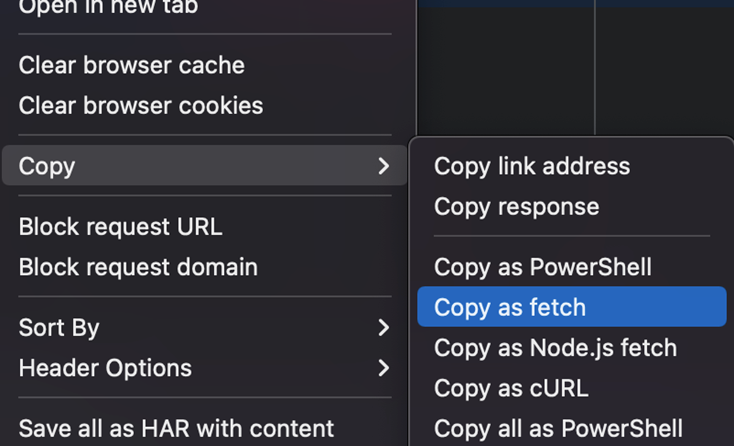 Chrome DevTools Network tab with Copy as fetch highlighted