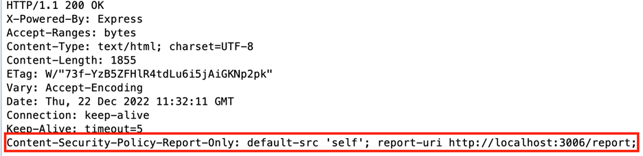 ZAP response showing Content-Security-Policy-Report-Only header