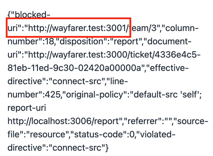 CSP violation report showing blocked URI for wayfarer.test:3001