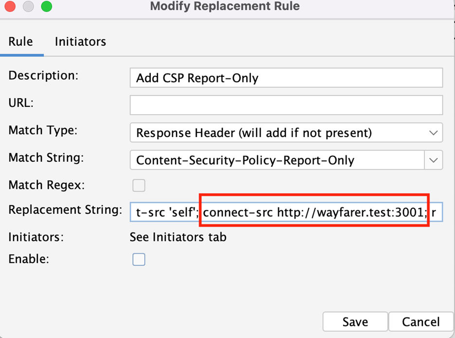 Updated Replacer rule with connect-src directive added for API