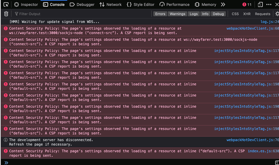 Browser console showing CSP violation report messages
