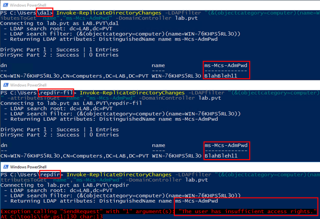 DirSync script output comparing access levels showing the LAPS password is only accessible with the Filtered Set right