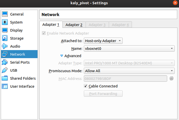 Kali VM Host-only Adapter settings
