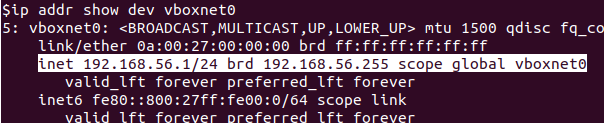 vboxnet0 interface output showing IP and subnet