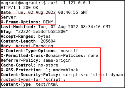 Curl output showing HTTP headers with security headers applied