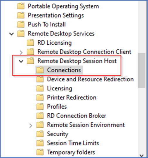 Group Policy Editor navigated to Remote Desktop Connections
