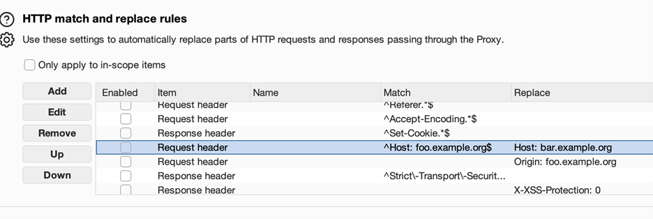 Burp Suite HTTP match and replace rules showing the Host header rewrite example