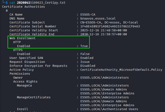 Certipy output showing web enrollment enabled over HTTP with no HTTPS enforcement and encryption disabled