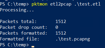 Pktmon etl2pcap conversion output showing the ETL file converted to pcapng format