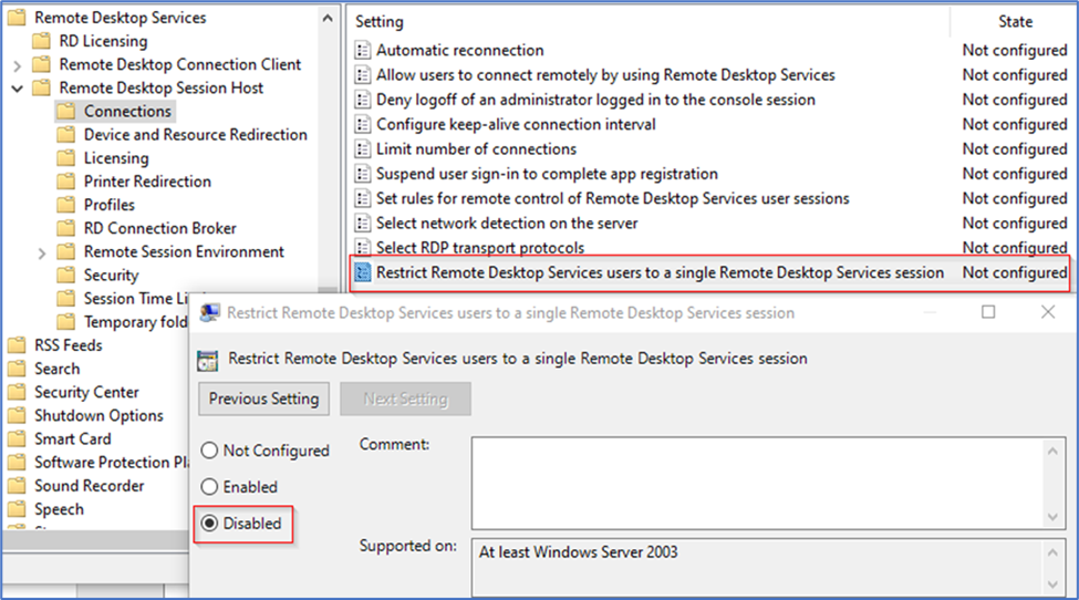 Disabling the single session restriction in Group Policy
