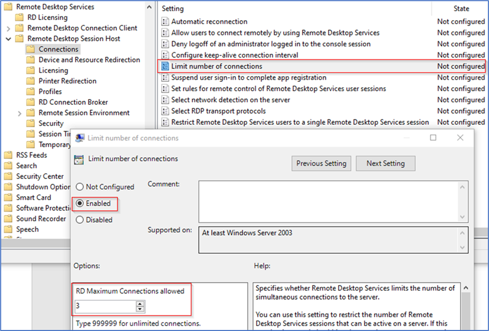 Setting RD Maximum Connections to 3