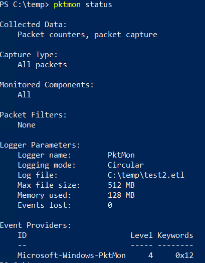 Pktmon status output showing active capture details including filters and logging configuration