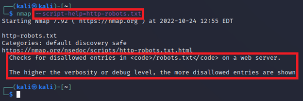 Nmap script help output for http-robots.txt showing the description field