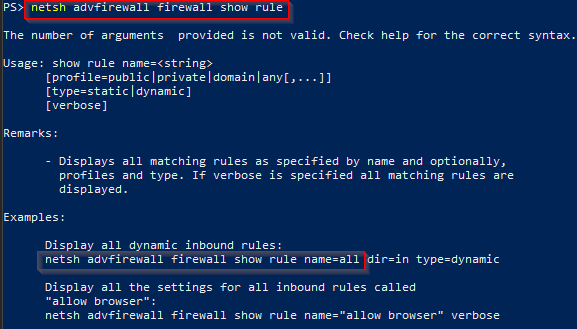 netsh advfirewall firewall show rule usage and examples