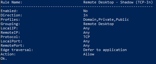Output showing Remote Desktop firewall rules and their settings