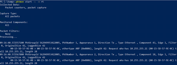 Pktmon real time capture output showing live packet data displayed in the terminal
