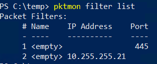 Pktmon filter list showing two separate OR filters for port 445 and IP 10.255.255.21
