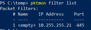 Pktmon filter list showing a single AND filter combining port 445 and IP 10.255.255.21