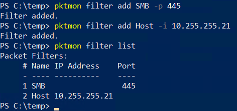 Pktmon filter list showing a named filter called SMB for port 445