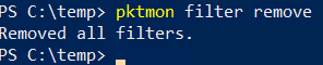 Pktmon filter remove output confirming all filters have been removed