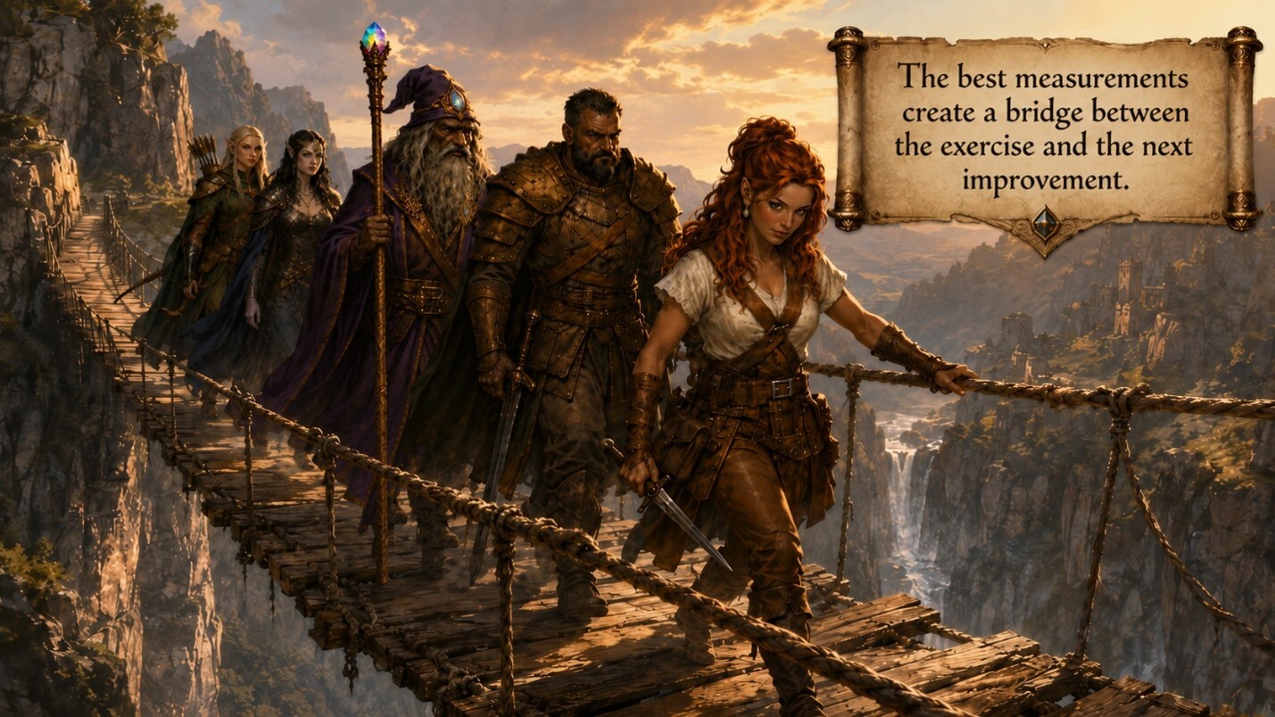 RPG-themed illustration of a detailed scorecard or quest log showing different measurement categories for exercise evaluation