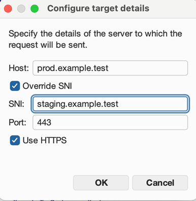 Burp Suite Repeater target details showing the SNI override option